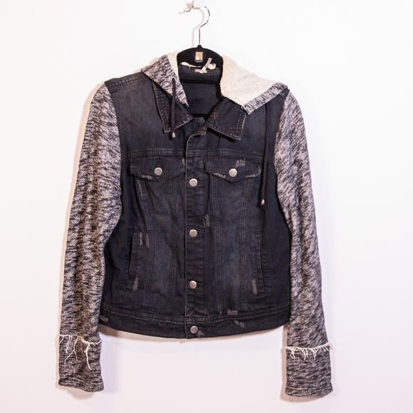 Free People Cotton Knit Denim Jean stretch Button Front Hooded Jacket Black Gray - Picture 1 of 4